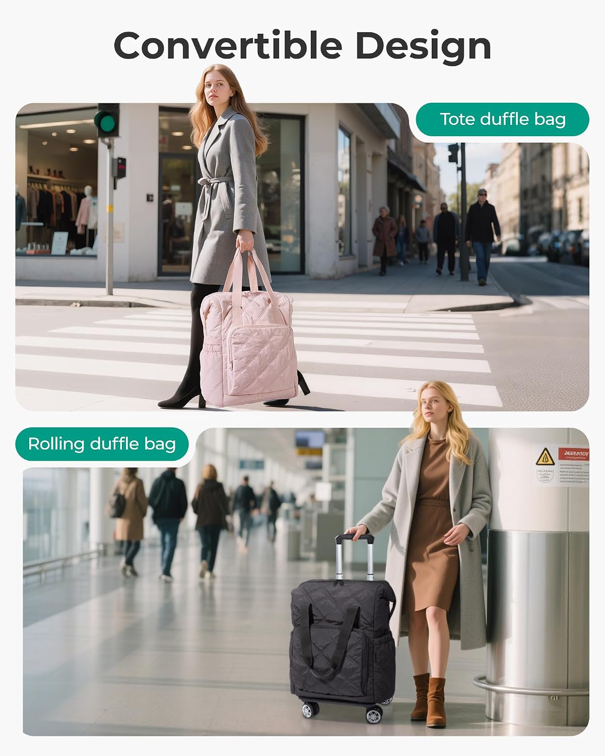 35L Rolling Duffle Bag with Detachable Base and Wet Pocket