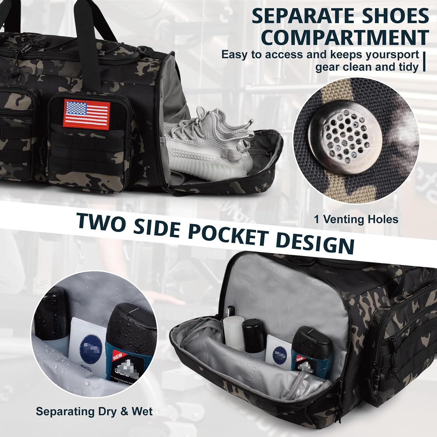 50L Tactical Gym and Travel Duffle Bag, 3 in 1, Water Resistant