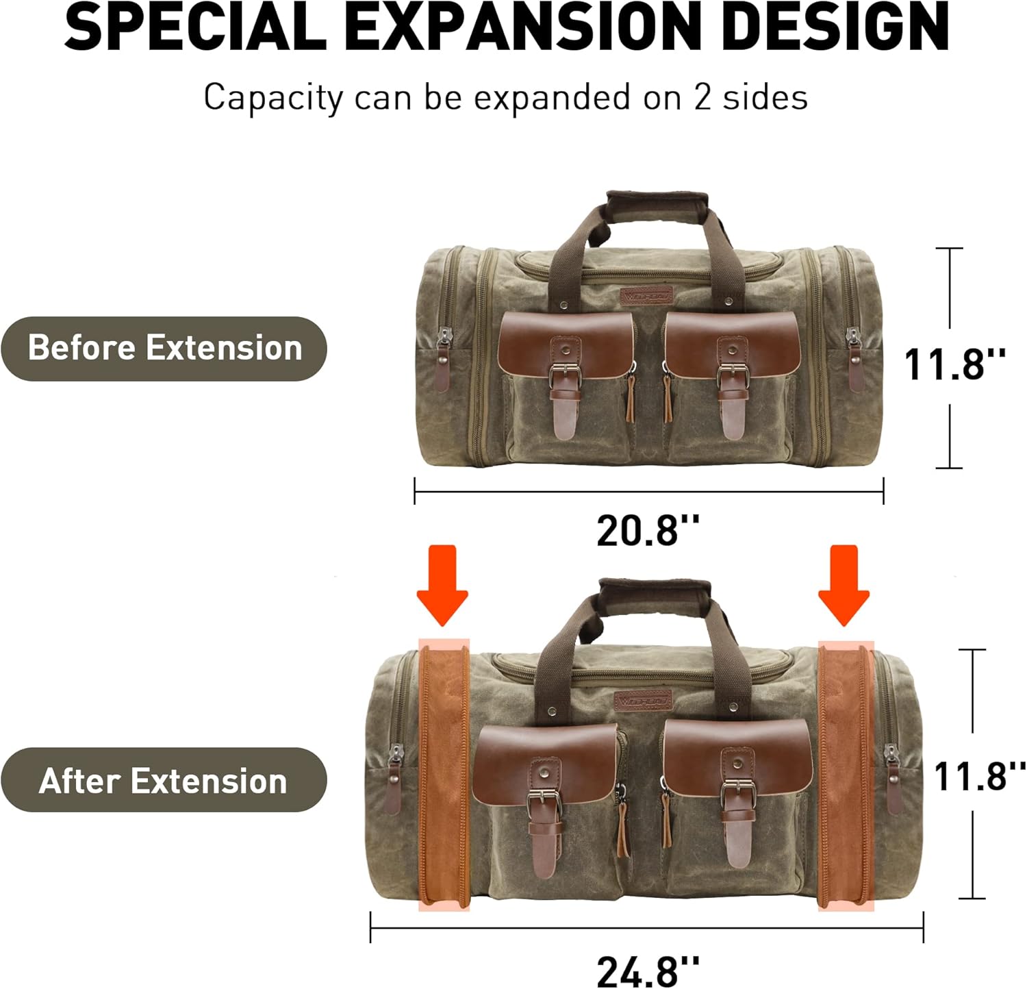 50L Waxed Canvas Weekender Duffle Bag for Overnight Travel