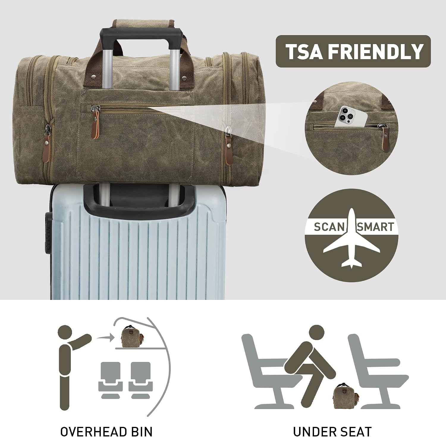 50L Waxed Canvas Weekender Duffle Bag for Overnight Travel